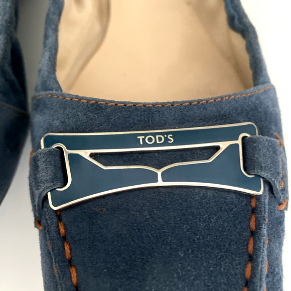 TOD's Ballet Flat Square Toe Blue Scrunch Elastic Suede Slip On Loafer 7.5 - Picture 4 of 12